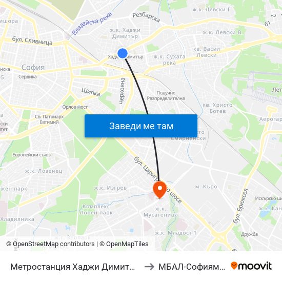 Метростанция Хаджи Димитър / Hadzhi Dimitar Metro Station (0303) to МБАЛ-Софиямед (MBAL-Sofiyamed) map