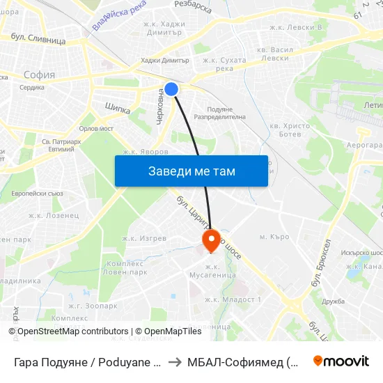 Гара Подуяне / Poduyane Train Station (0468) to МБАЛ-Софиямед (MBAL-Sofiyamed) map