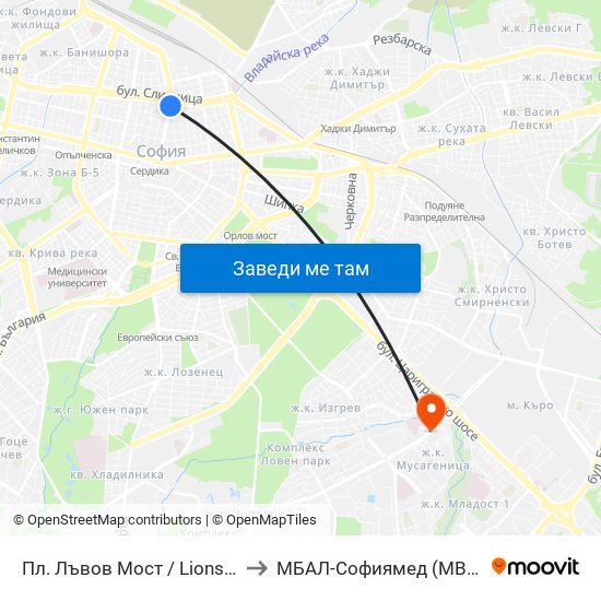 Пл. Лъвов Мост / Lions' Bridge (1276) to МБАЛ-Софиямед (MBAL-Sofiyamed) map