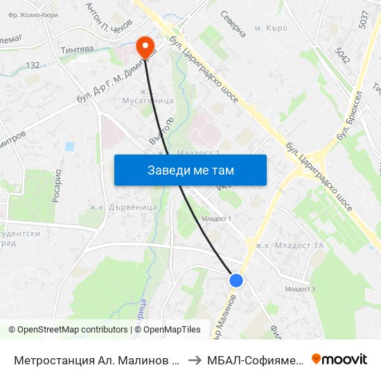 Метростанция Ал. Малинов / Al. Malinov Metro Station (0169) to МБАЛ-Софиямед (MBAL-Sofiyamed) map