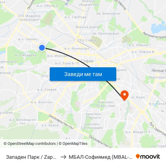 Западен Парк / Zapaden Park to МБАЛ-Софиямед (MBAL-Sofiyamed) map