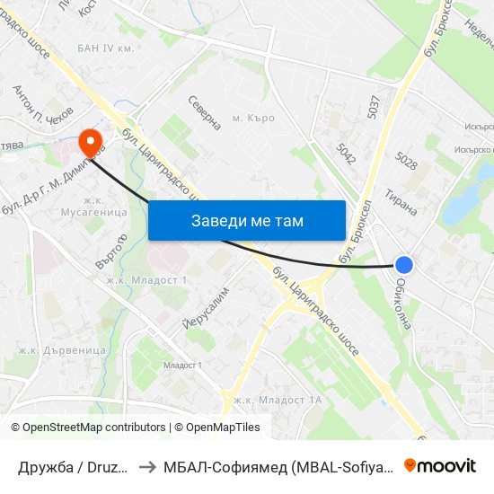 Дружба / Druzhba to МБАЛ-Софиямед (MBAL-Sofiyamed) map