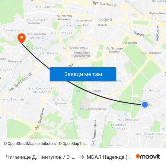 Читалище Д. Чинтулов / D. Chintulov Library (2366) to МБАЛ Надежда (MBAL Nadezhda) map