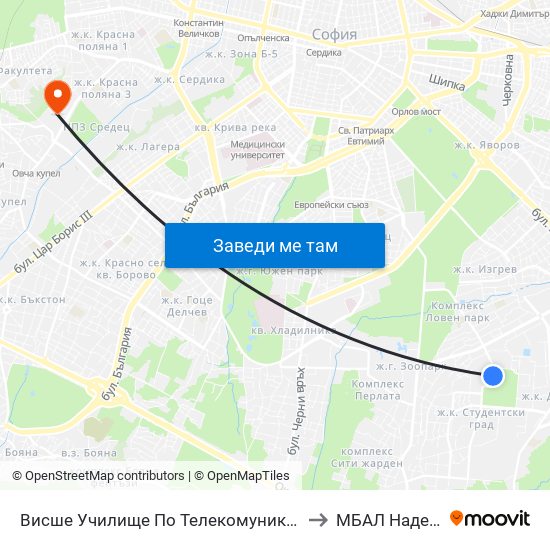 Висше Училище По Телекомуникации / University Of Telecommunications And Post (1396) to МБАЛ Надежда (MBAL Nadezhda) map