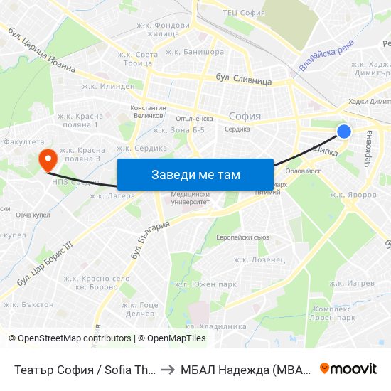 Театър София / Sofia Theatre (1727) to МБАЛ Надежда (MBAL Nadezhda) map