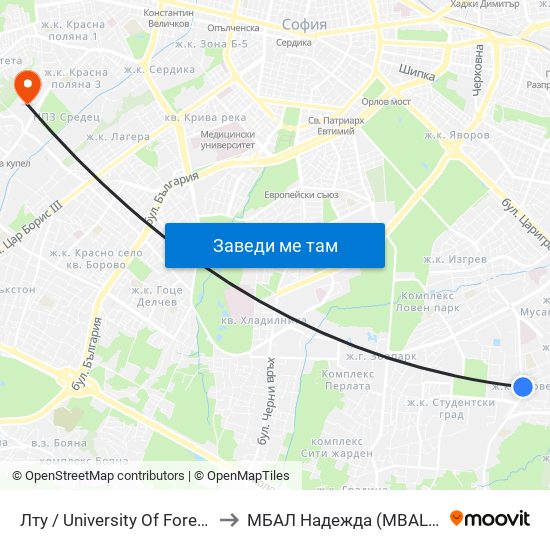 Лту / University Of Forestry (0617) to МБАЛ Надежда (MBAL Nadezhda) map