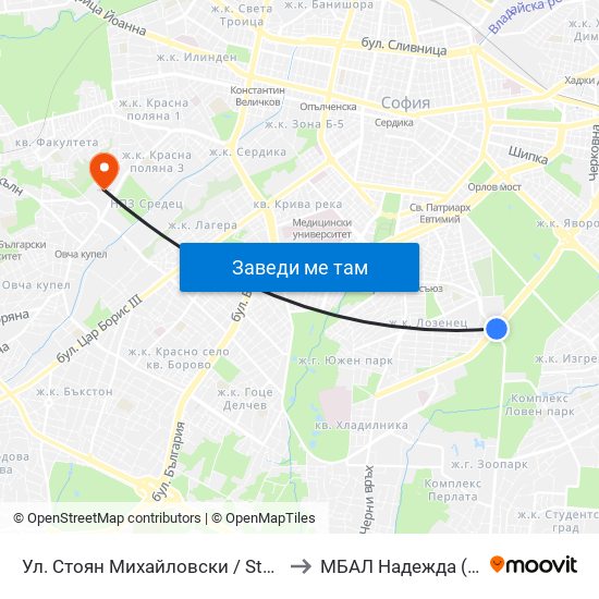 Ул. Стоян Михайловски / Stoyan Mihaylovski St. (2692) to МБАЛ Надежда (MBAL Nadezhda) map