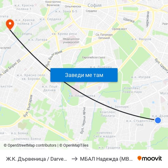 Ж.К. Дървеница / Darvenitsa Qr. (0800) to МБАЛ Надежда (MBAL Nadezhda) map