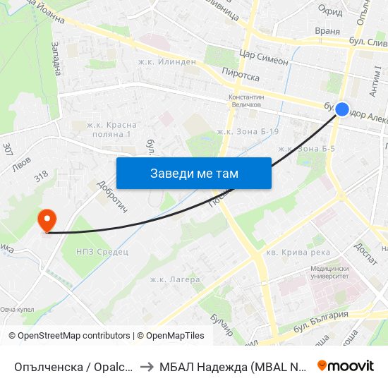 Опълченска / Opalchenska to МБАЛ Надежда (MBAL Nadezhda) map