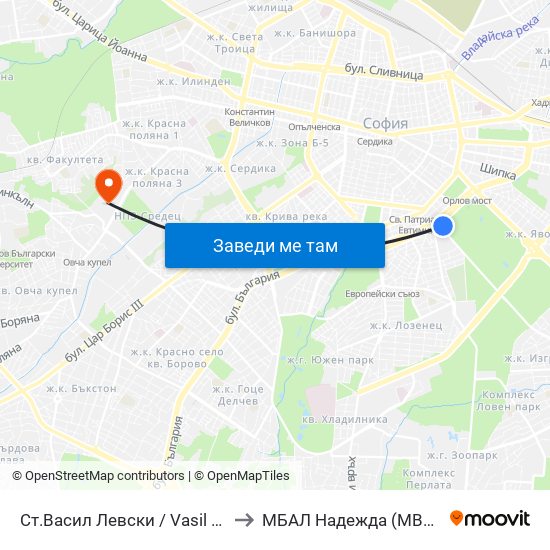 Ст.Васил Левски / Vasil Levski Stadium to МБАЛ Надежда (MBAL Nadezhda) map