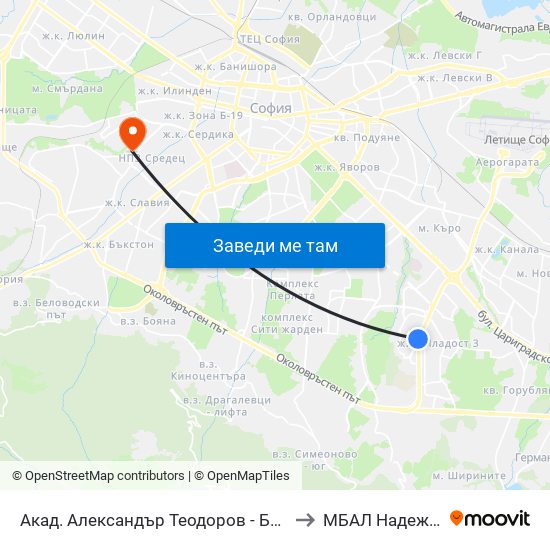 Акад. Александър Теодоров - Балан / Akademik Aleksandar Teodorov - Balan to МБАЛ Надежда (MBAL Nadezhda) map