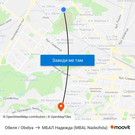 Обеля / Obelya to МБАЛ Надежда (MBAL Nadezhda) map