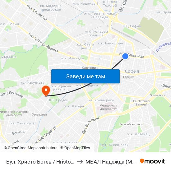 Бул. Христо Ботев / Hristo Botev Blvd. (0385) to МБАЛ Надежда (MBAL Nadezhda) map