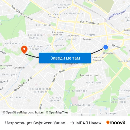 Метростанция Софийски Университет / Sofia University Metro Station (2827) to МБАЛ Надежда (MBAL Nadezhda) map