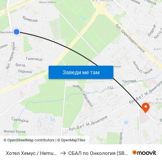 Хотел Хемус / Hemus Hotel (2329) to СБАЛ по Онкология (SBAL po Onkologia) map
