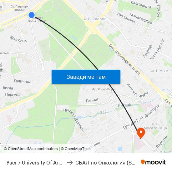 Уасг / University Of Architecture (0386) to СБАЛ по Онкология (SBAL po Onkologia) map