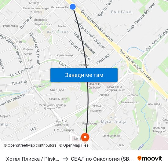 Хотел Плиска / Pliska Hotel (2326) to СБАЛ по Онкология (SBAL po Onkologia) map