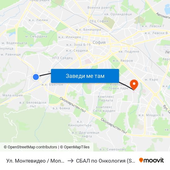 Ул. Монтевидео / Montevideo St. (2050) to СБАЛ по Онкология (SBAL po Onkologia) map