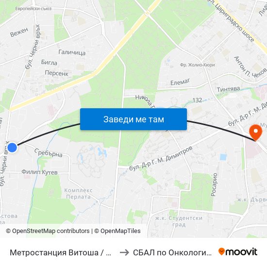 Метростанция Витоша / Vitosha Metro Station (0909) to СБАЛ по Онкология (SBAL po Onkologia) map