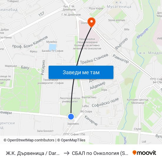 Ж.К. Дървеница / Darvenitsa Qr. (0800) to СБАЛ по Онкология (SBAL po Onkologia) map