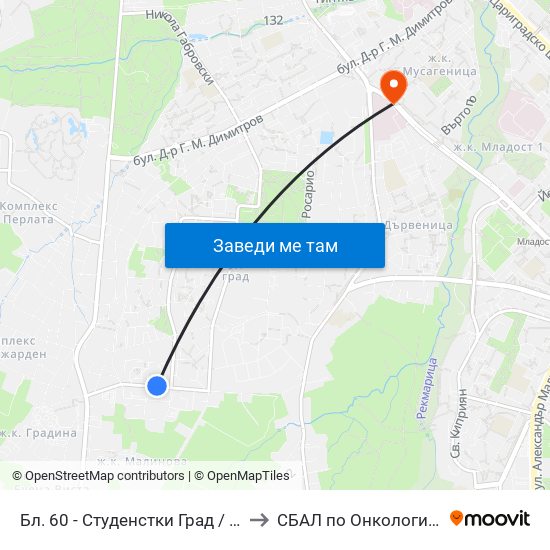 Бл. 60 - Студенстки Град / Bl. 60, Students' Town (2507) to СБАЛ по Онкология (SBAL po Onkologia) map