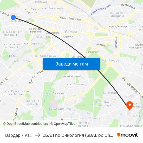 Вардар / Vardar to СБАЛ по Онкология (SBAL po Onkologia) map