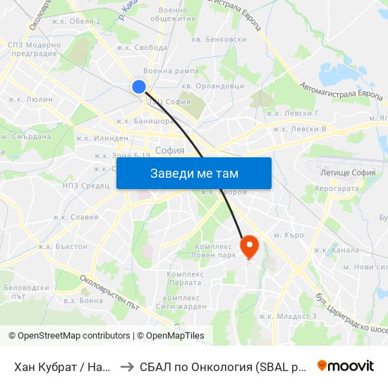 Хан Кубрат / Han Kubrat to СБАЛ по Онкология (SBAL po Onkologia) map