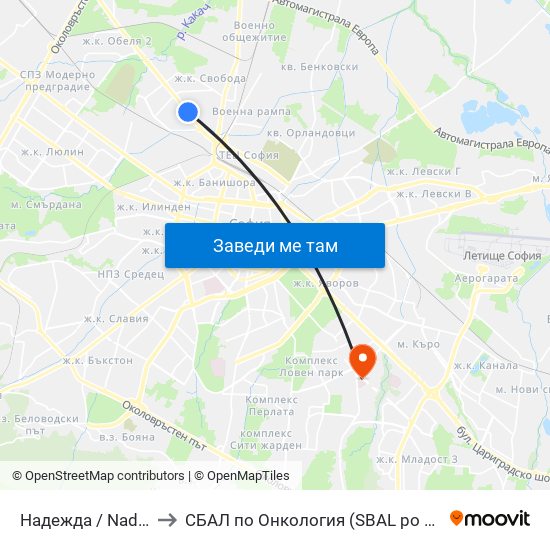 Надежда / Nadezhda to СБАЛ по Онкология (SBAL po Onkologia) map