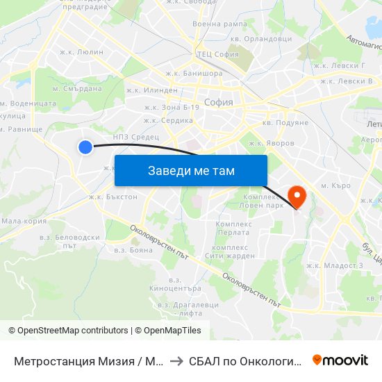 Метростанция Мизия / Moesia Metro Station (6089) to СБАЛ по Онкология (SBAL po Onkologia) map