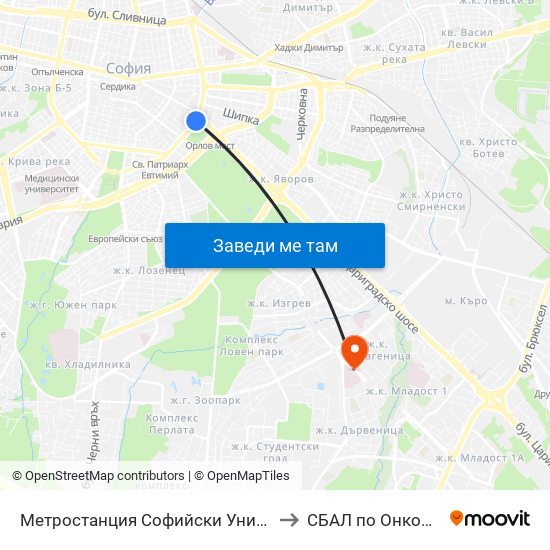 Метростанция Софийски Университет / Sofia University Metro Station (2827) to СБАЛ по Онкология (SBAL po Onkologia) map