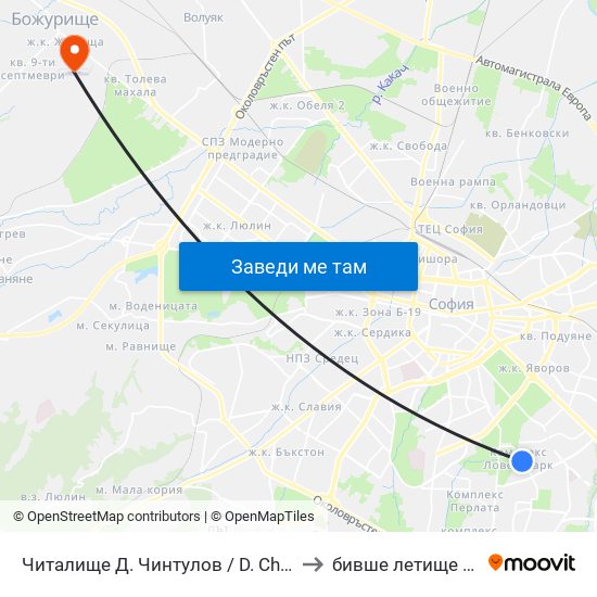 Читалище Д. Чинтулов / D. Chintulov Library (2366) to бивше летище „Божурище“ map