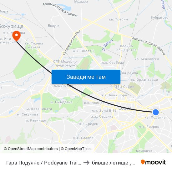 Гара Подуяне / Poduyane Train Station (0466) to бивше летище „Божурище“ map