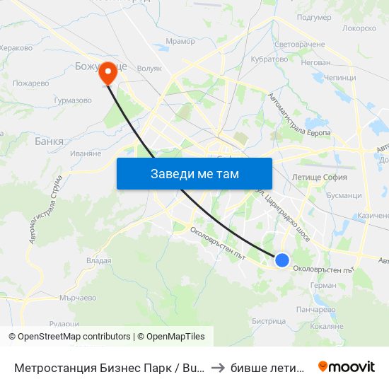 Метростанция Бизнес Парк / Business Park Metro Station (2490) to бивше летище „Божурище“ map