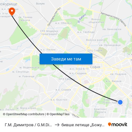 Г.М. Димитров / G.M.Dimitrov to бивше летище „Божурище“ map