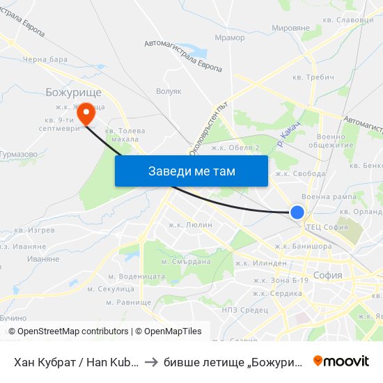 Хан Кубрат / Han Kubrat to бивше летище „Божурище“ map