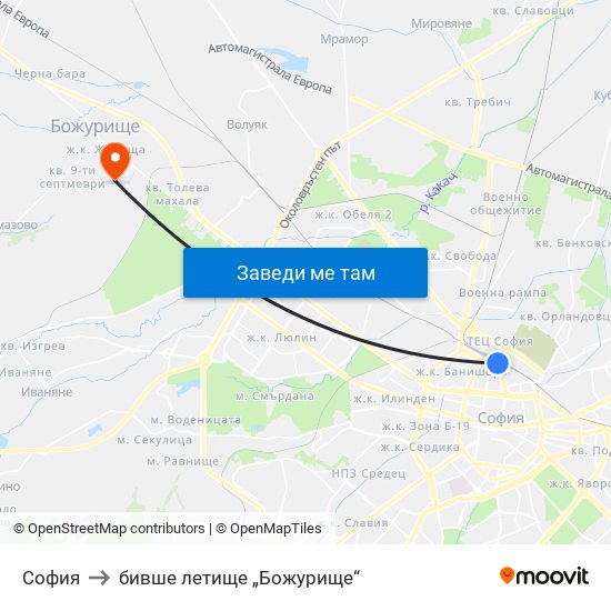 София to бивше летище „Божурище“ map