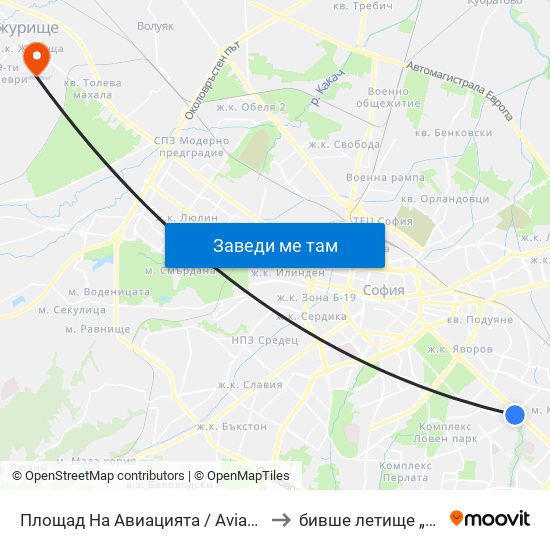 Площад На Авиацията / Aviation Square (1257) to бивше летище „Божурище“ map
