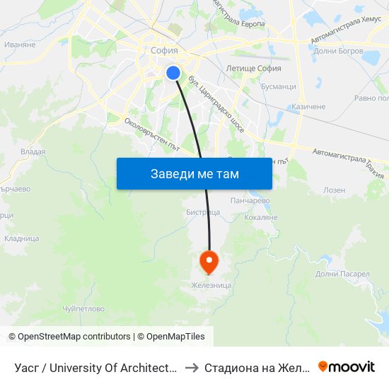 Уасг / University Of Architecture (0387) to Стадиона на Железница map