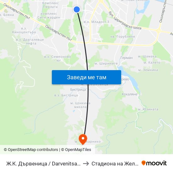Ж.К. Дървеница / Darvenitsa Qr. (1015) to Стадиона на Железница map