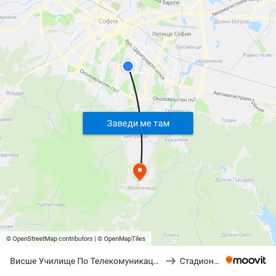 Висше Училище По Телекомуникации / University Of Telecommunications And Post (1397) to Стадиона на Железница map