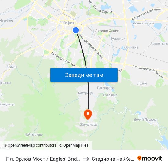 Пл. Орлов Мост / Eagles' Bridge Sq. (1287) to Стадиона на Железница map