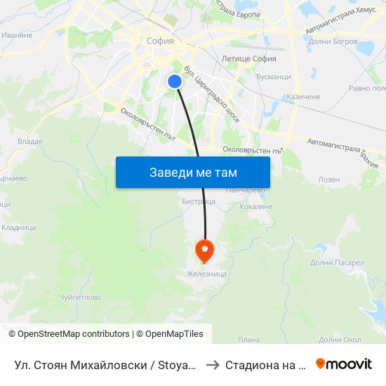 Ул. Стоян Михайловски / Stoyan Mihaylovski St. (2191) to Стадиона на Железница map