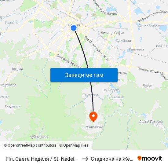 Пл. Света Неделя / St. Nedelya Sq. (1308) to Стадиона на Железница map