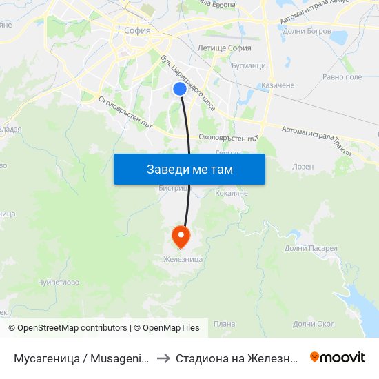 Мусагеница /  Musagenitsa to Стадиона на Железница map
