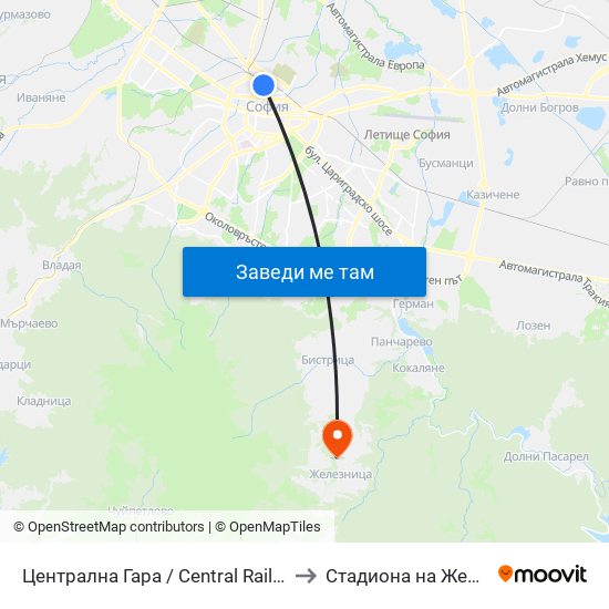 Централна Гара / Central Railway Station to Стадиона на Железница map