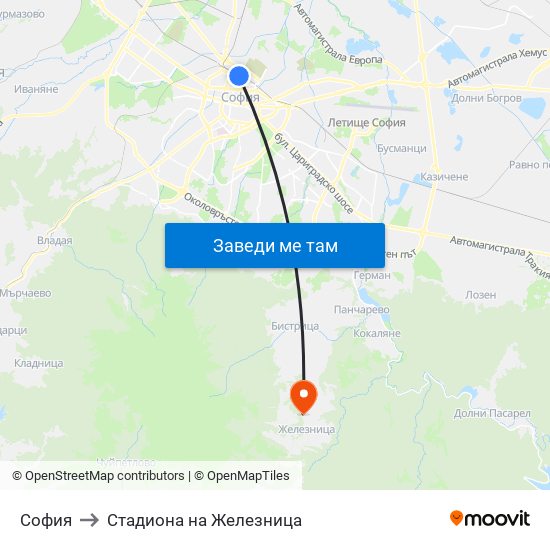 София to Стадиона на Железница map