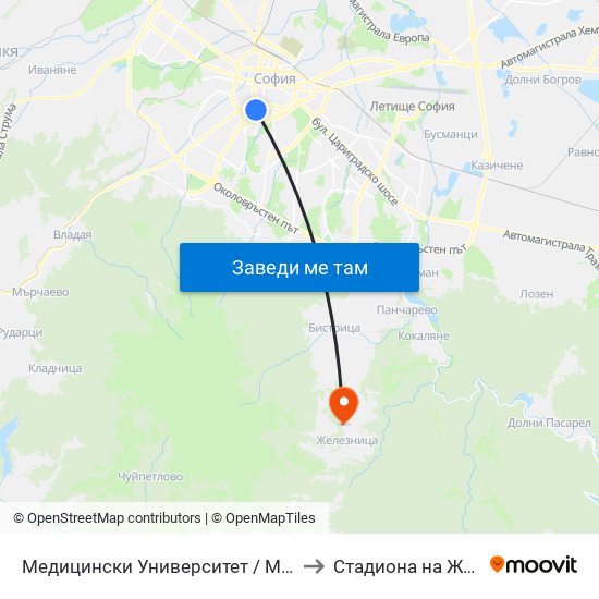 Медицински Университет / Medical University to Стадиона на Железница map