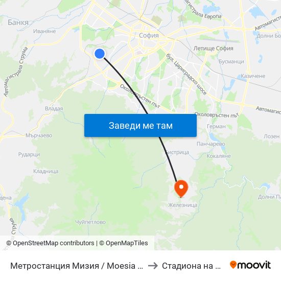 Метростанция Мизия / Moesia Metro Station (6089) to Стадиона на Железница map