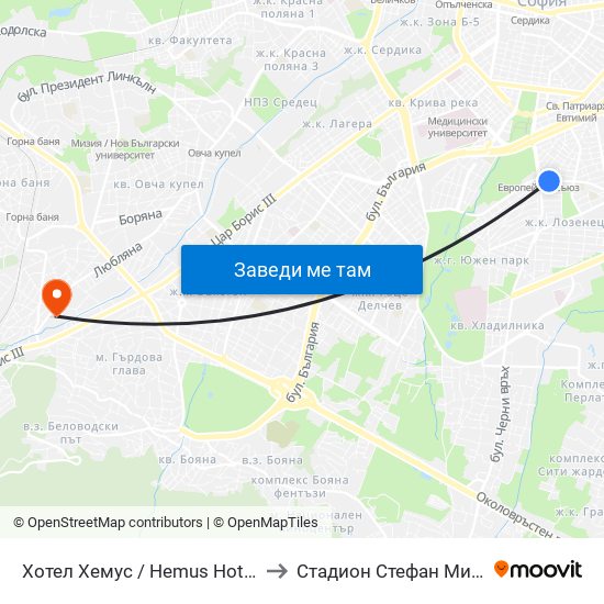 Хотел Хемус / Hemus Hotel (2329) to Стадион Стефан Миленков map