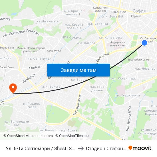Ул. 6-Ти Септември / Shesti Septemvri St. (1808) to Стадион Стефан Миленков map